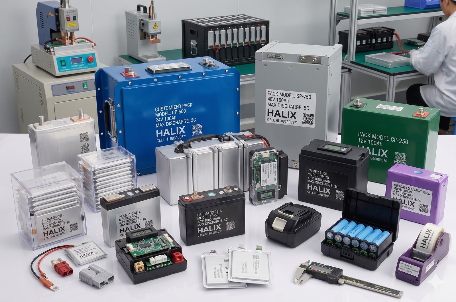 Concept render &mdash; a Halix battery pack family on a workbench, including a slide-on tool pack
