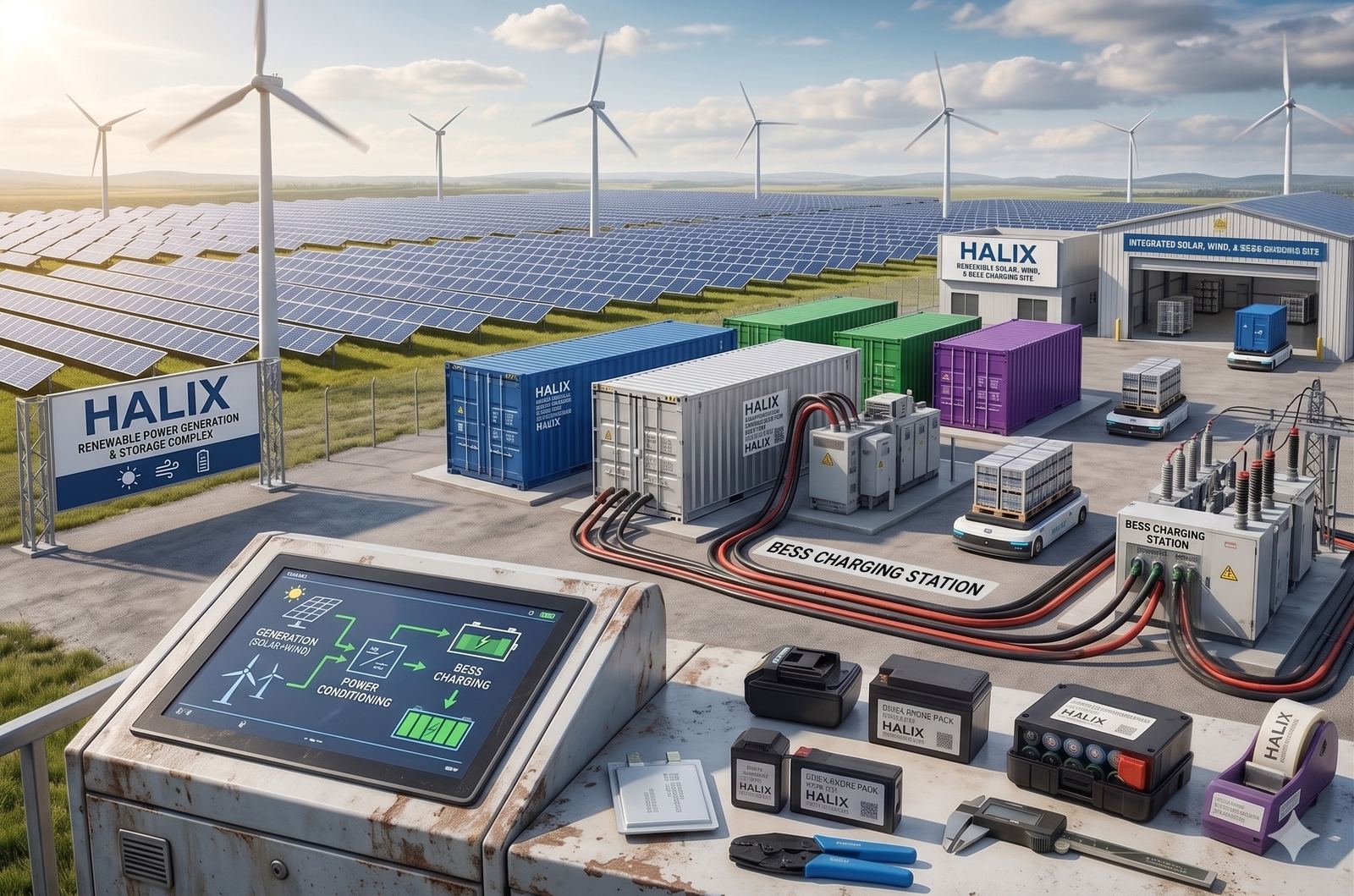Concept render &mdash; a Halix captive solar and wind plant feeding containerised battery storage