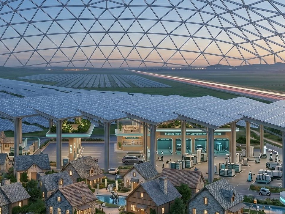 Concept render &mdash; solar canopies over a Halix charging and swapping station, with a solar field behind